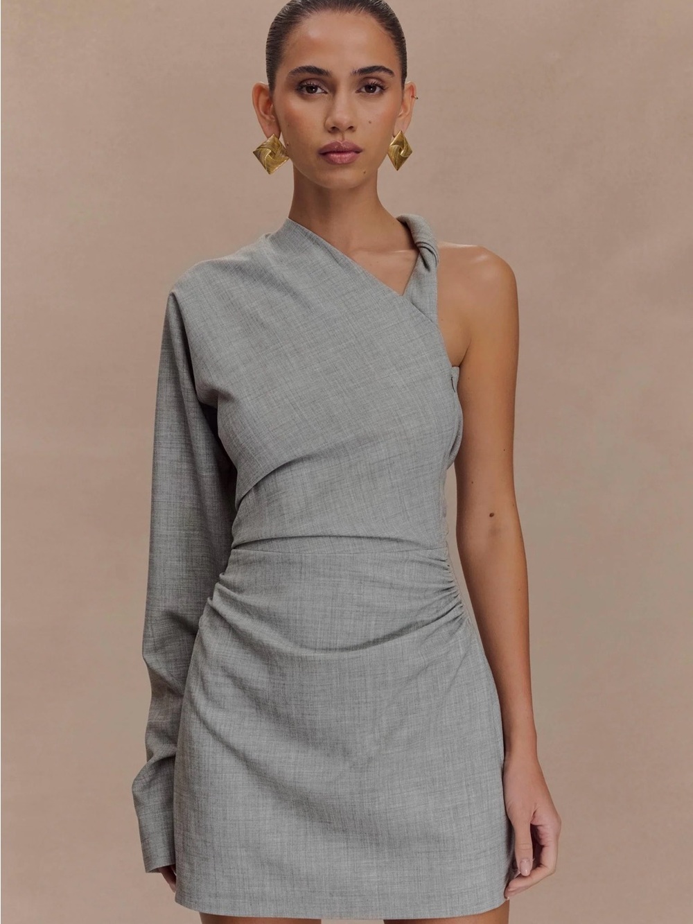 Dorian Twist One-Shoulder Gray Mini Dress with Asymmetric Sleeve